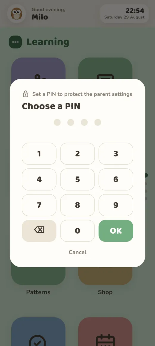 parent PIN, portrait phone