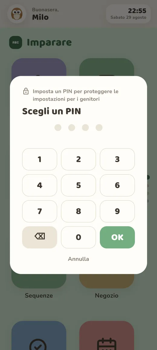PIN dei genitori, telefono in verticale