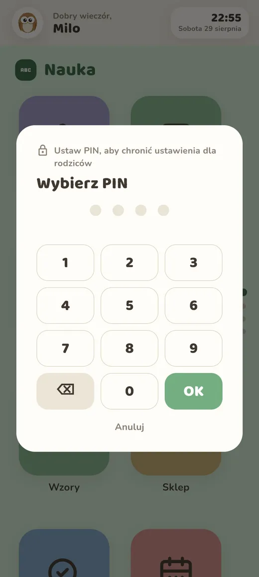PIN rodzica, telefon pionowo