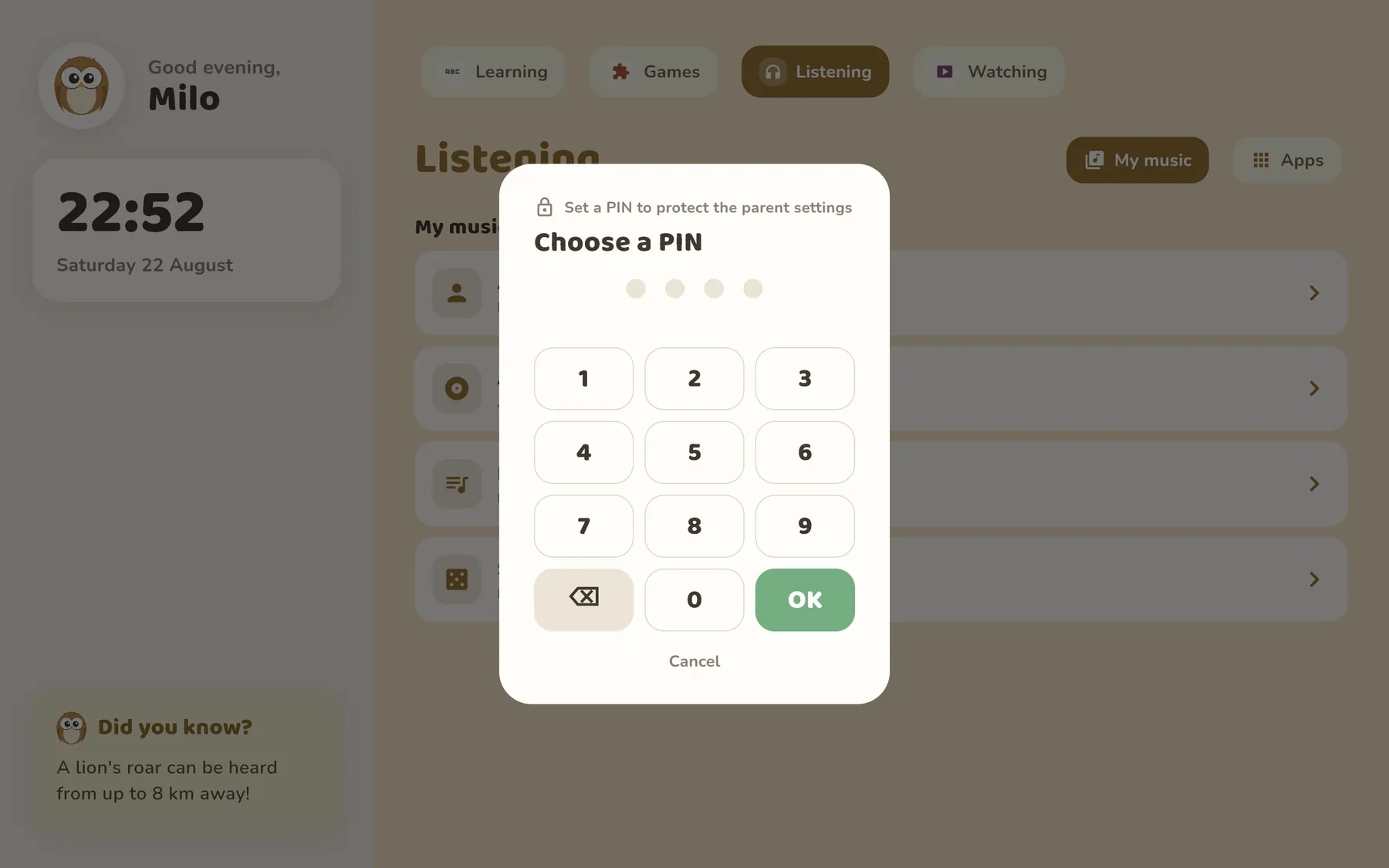 parent PIN screen