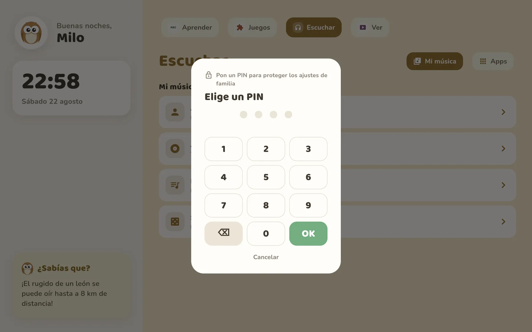 pantalla del PIN parental