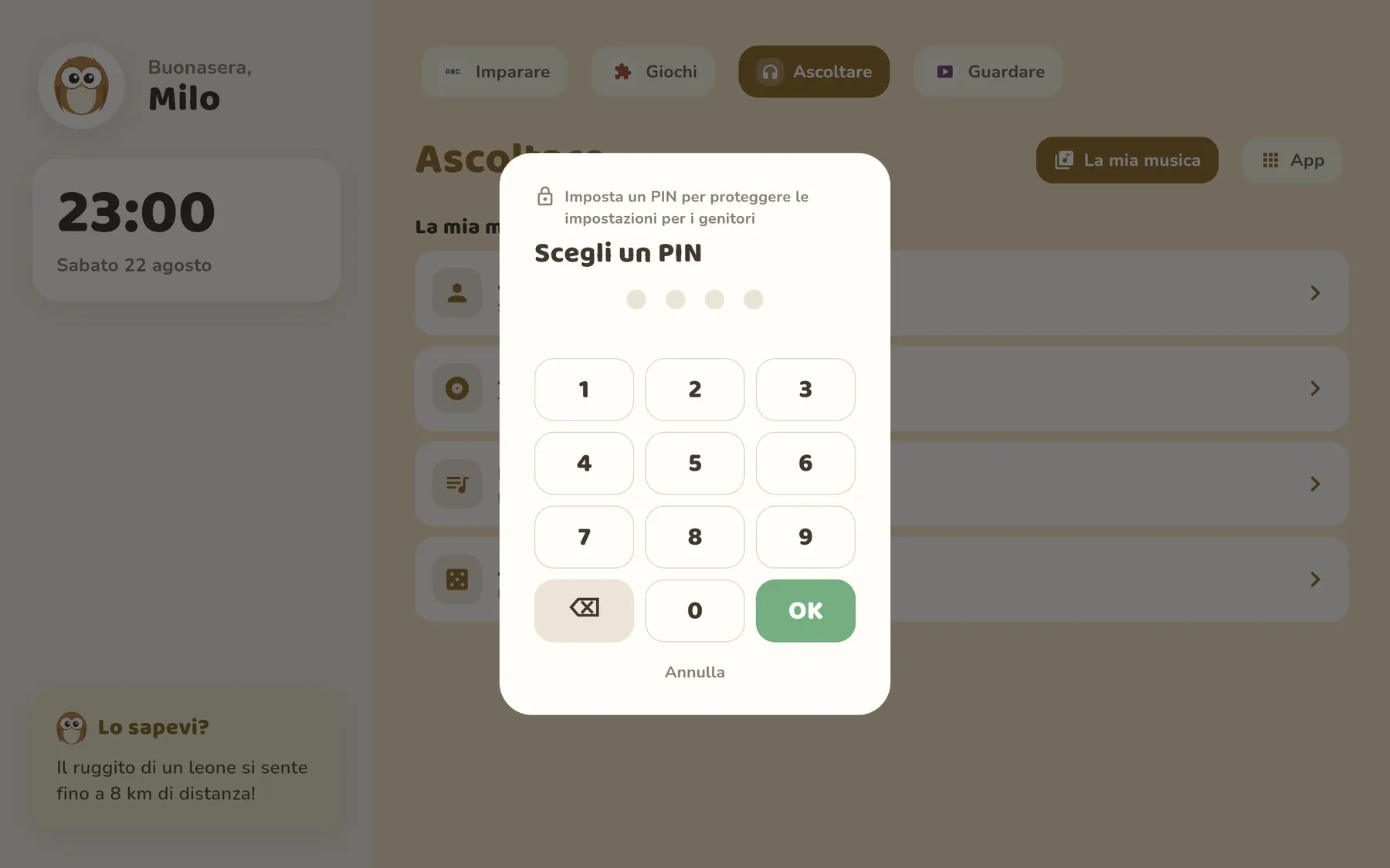 schermata del PIN dei genitori