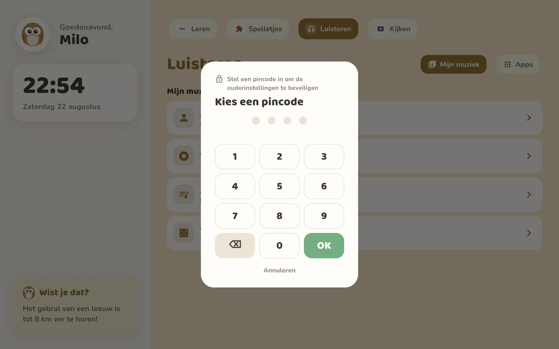 scherm met ouder-pincode